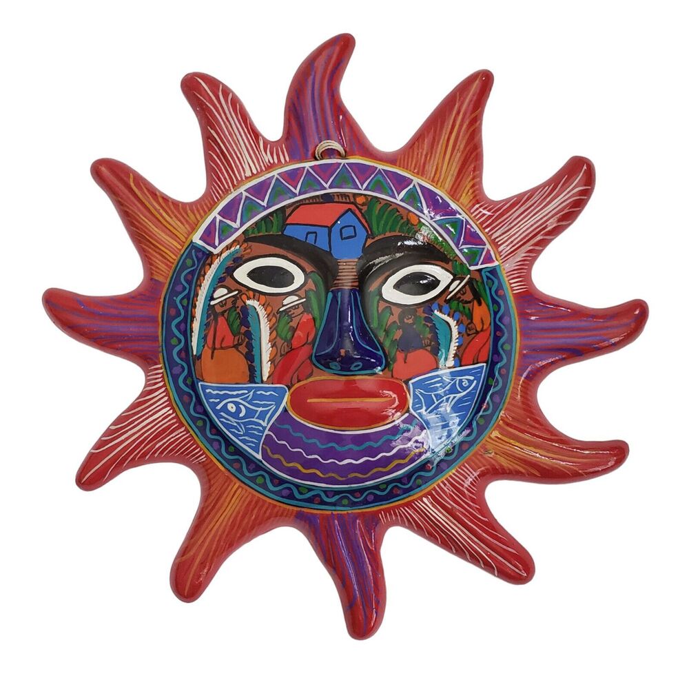 Mexican Folk Art Sun Face Solor Eclipse Sculpture Hand Painted Clay Pottery